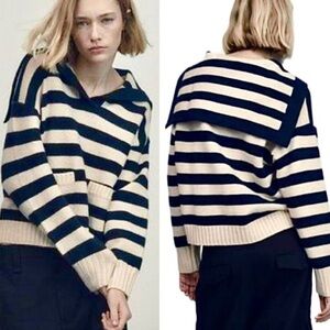 ZARA Sweater Striped Stripes Sailor Johnny Collar Navy Blue Ivory‎ Cream Size M